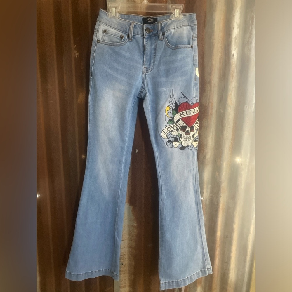 Ed Hardy Women's Light Blue Flare Jeans with Skull Design